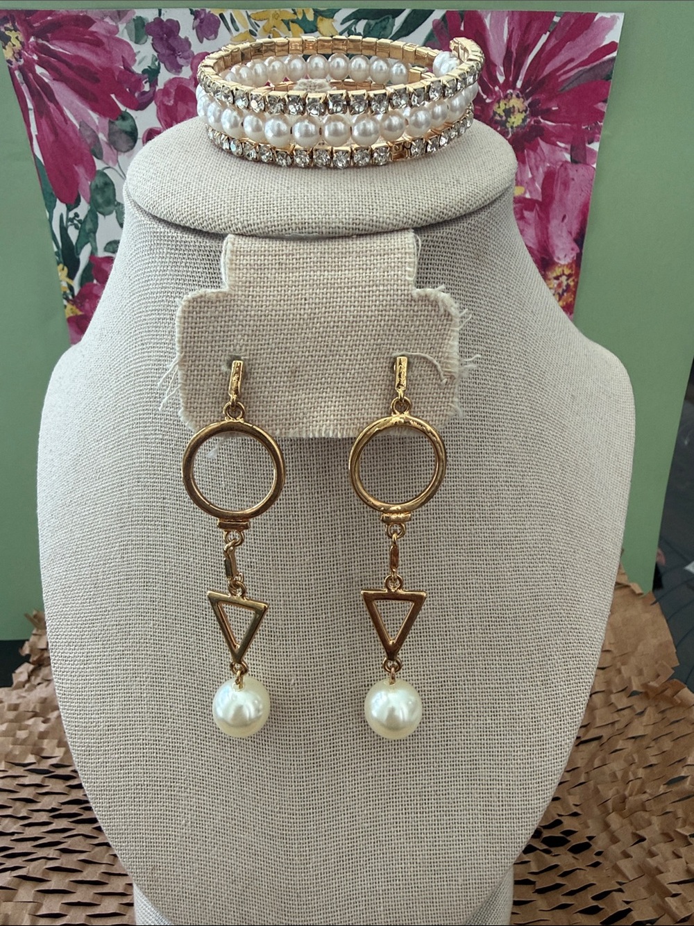 Gold Pearl Drop Earrings and Coil Bracelet